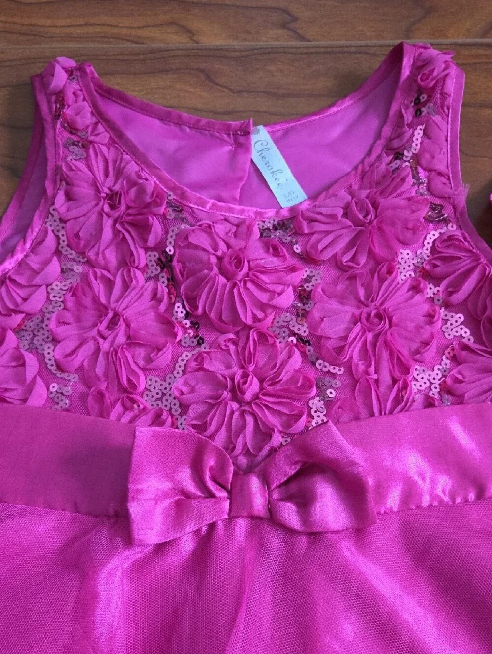 Cherokee Fuchsia Floral Bodice Tulle Party Dress with Sash